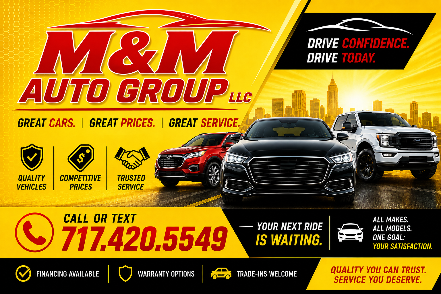 M&M Auto Group LLC yellow, red and black vehicle banner